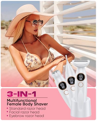 Image of 3 in 1 Bikini Trimmer for Women, Electric Razors for Women with Display, Painless Bikini Trimmer, USB Charging, Electric Shaver for Woman,Shaver for Woman for Face, IPX7 Waterproof,White