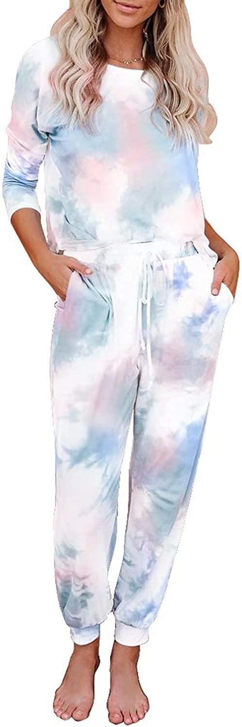Lacozy Women's Tie Dye Printed Hoodie Long Sleeve Tops and Pants Long Pajamas Set Joggers PJ Sets Nightwear Loungewear