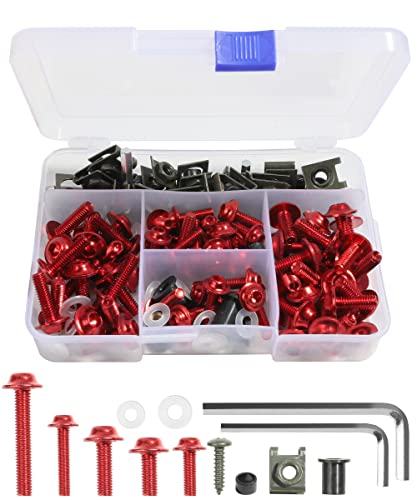 Flaconi 177PCS Tornillos de Motocicleta,Tornillos para Parabrisas de Moto,Tuercas Esparragos Moto,Kit de Tornillos de Carenado de Motocicleta,Adecuado para la Mayoría de Motos (Rojo)