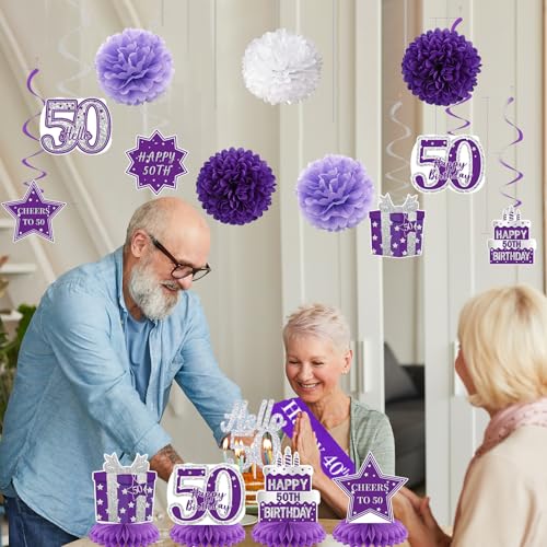 Image of Crenics Purple 50th Birthday Decorations for Women - Back in 1976 Backdrop, Banner, Swirls, Centerpieces, Sash, Paper Pom Poms, Cake Topper and Balloons for 50 Birthday Party Supplies