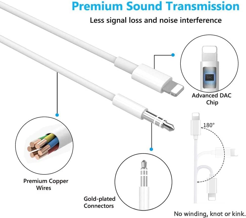 Kawer Aux Cord for iPhone, L-ightning to 3.5mm Audio Cable for Car, Headphone Jack Adapter Compatible with i-Phone 12/11/XS/XR/X/8/7/6/i-Pad to Car/Home Stereo/Headphone/Speaker (3.3ft) -white