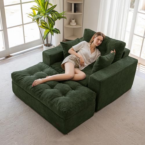 Image of MAXYOYO Modular Sectional Chaise Lounge Sofa, Upholstered Lounge Chair with Ottoman, Comfy Couch with Layered Cushion, Tufted Upholstered Sleeper Chair for Living Room, No Assembly, Dark Green