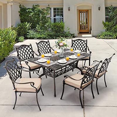 Attliahome 7-Piece Cast Aluminum Outdoor Table and Chairs, Antique Bronze Patio Dining Sets Include 60" Large Patio Dining Table and 6 Chairs with Removable Cushion
