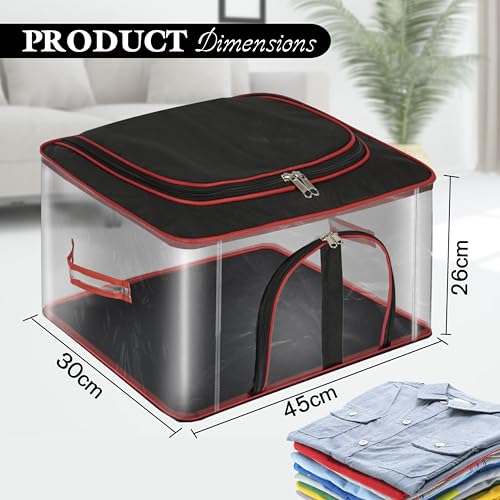 Image of Storite 2 Pack Nylon 33 L PVC Transparent Moisture Proof Storage box for Clothes Closet Wardrobe Organizer for Clothes Saree Bags with Carry Handle (RedBlack, 45 x 30 x 26 cm)