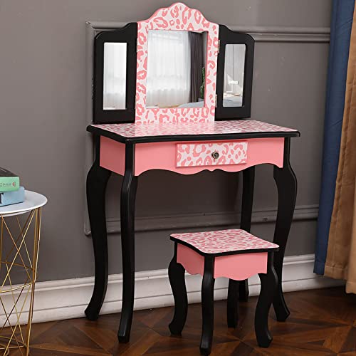 JASOYA Three-Fold Mirror Single Drawer Arc Feet Children Dresser Red Leopard Print for Beauty Salon,Bedroom,Living Room