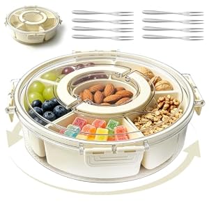TZEKING Snackbox, snackbox met 6 vakken, draagbaar snackdienblad, gedeelde organizer met 8 roestvrijstalen vorken, snacks met deksel, dozen voor snoep of koekjes