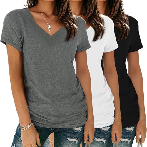 Women's Basic T Shirts Pack V Neck Short Sleeve Tees Loose Fit Tshirts Summer Casual Fashion Soft Tee Tops S-XXL