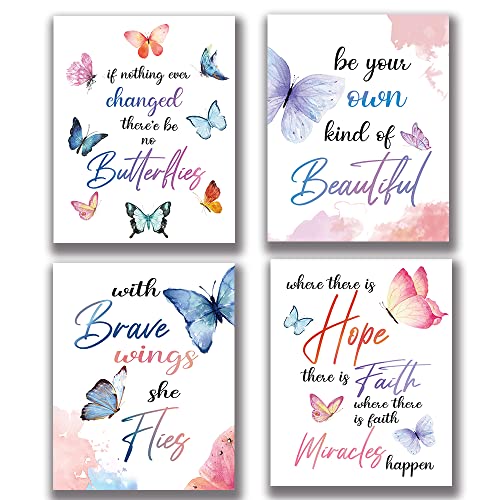 Image of LBTFLLJH Inspirational Quote Watercolor Butterfly Wall Art Prints, Unique Gift for Girls Women, Motivational Wall Art for Women Girls Home Bedroom Room Classroom Office Decor, Unframe (8"X10", 4pcs)