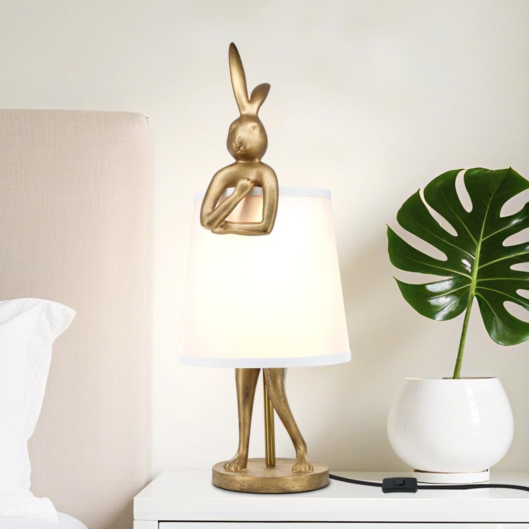 25.98"Bunny Bedside Table Lamp,Cute Resin Animal Rabbit Lamp,Novelty Gold Desk Lamps for Bedrooms White Linen Shade,Reading and Decorative Lighting Nightstand Lamps,Funky Holiday or Birthday Gifts