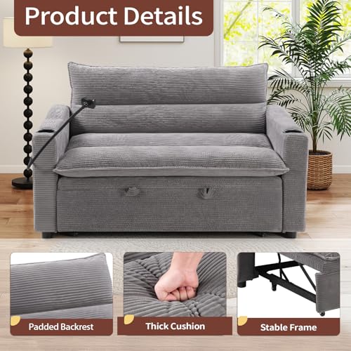 Image of HAOMARKETS 3-in-1 Convertible Loveseat Sleeper Sofa Bed, 2-Seat Pull Out Couch with Cup Holders, Phone Holder and USB Ports, Corduroy 3-Level Adjustable Backrest Couches for Living Room, Grey