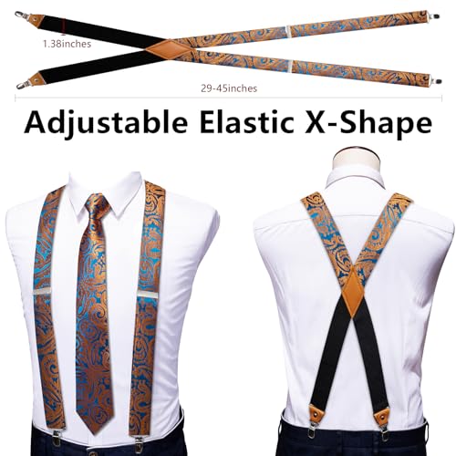 Image of Barry.Wang Men Suspender Set with Necktie Elastic Y Type Heavy Duty 6 Clips Braces Tie Handkerchief Cufflink Pin 6PCS