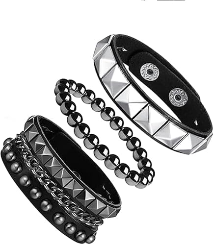 3-Piece Punk Rock Leather Bracelet Set for Men & Women Adjustable, Vintage 80s 90s Retro Gothic Jewelry, Rocker Accessories