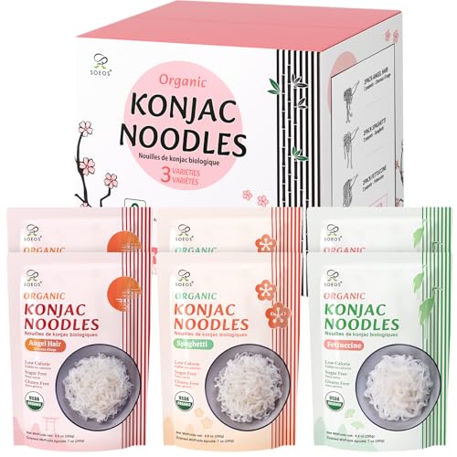 Soeos Organic Konjac Noodles, Shirataki Noodle, 8.8 oz*6 Packs, 3 Variety Noodles, Fettuccine, Angel Hair, Spaghetti, Low Calorie, Low Carb, Keto and Paleo Friendly, Total 52.8 Ounce
