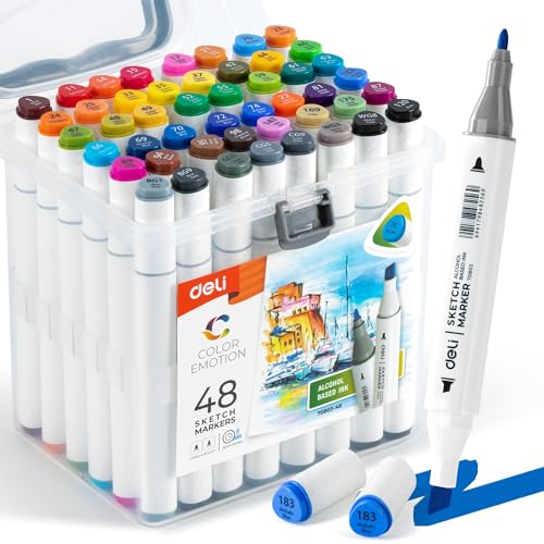 deli 48 Colours Dual Tip Alcohol Markers Set, Permanent Art Pens with Fine & Chisel Nibs, Alcohol-Based Colouring Markers in Plastic Carry Case, Drawing Pens for Adults, Students & Beginners Painting