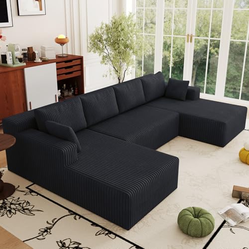 Image of 125 inch W Boneless Cloud Sectional Couch Modular Sofa with Ottoman | Modern U-Shaped Couches, Comfy Corduroy Memory Foam Sofas with Oversized Chaise for Living Room (Black, Left-Facing Chaise)