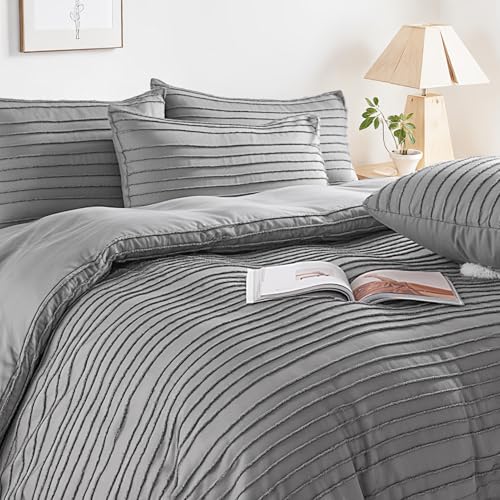 Image of NEXHOME PRO Duvet Cover King Size, Grey 3 Pieces Boho Tufted Duvet Cover Set, Soft and Lightweight Microfiber Comforter Cover Set for All Season (Grey King, 104 x 90)-No Comforter
