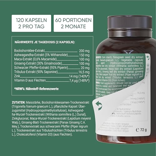 Nullure Testo-One Testosteron¹ Kapseln | Vegan & Ohne Magnesiumstearat | Unabhängig getestet in Deutschland | Ashwagandha + Maca + Tribulus + Bockshornklee + Ginseng + Zink | 120 Stück (2 Monate)
