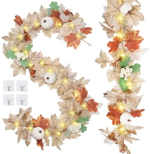 RICHMYC Fall Garlands 2 Pcs, Fall Maple Leaves Garland with Lights 5.9 Ft Pumpkins Pine Cones Berries for Mantle Home Thanksgiving Fireplace Table Indoor Outdoor Porch Decor, White