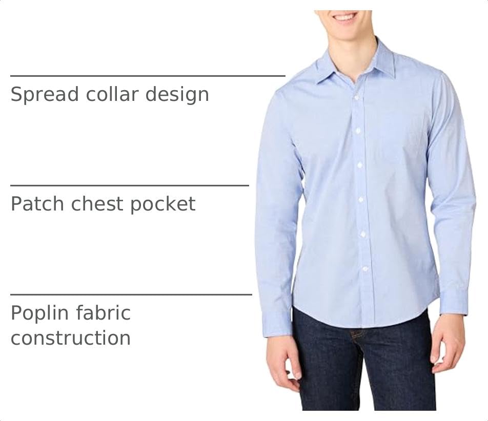 Image of Amazon Essentials Men's Regular-Fit Long-Sleeve Casual Poplin Shirt, Button Front, Business Casual, Collared