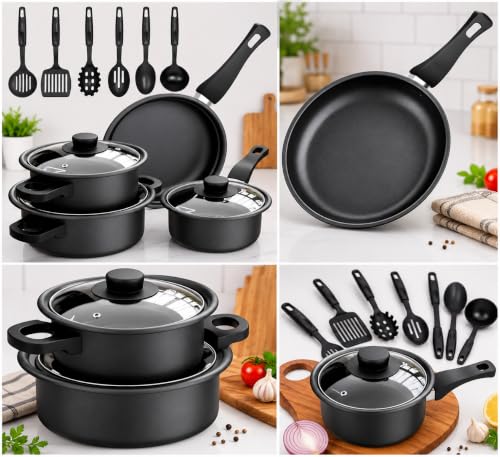 Image of 13pcs Non-Stick Iron Kitchen Cookware Set with Lids - Includes 1Pc Frying Pan, 2Pcs Casserole, 1Pc Sause Pan with 3 Lids & 6Pcs Ladle Set Induction Safe - Nylon Utensils - Beginner Cooking Set