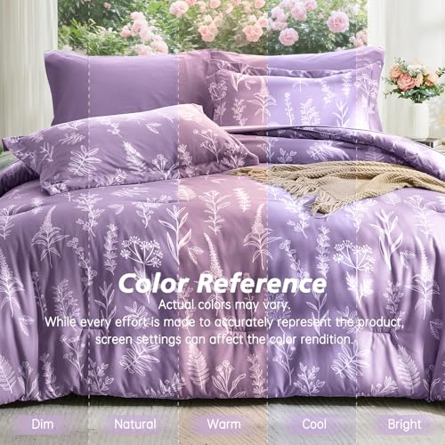 Image of MUXHOMO Grayish Purple Bed in a Bag King 7 Pieces, King Comforter Set Reversible Botanical Flowers Design, Ultra Soft & Breathable Bedding Sets with Comforter, Sheets, Pillowcases & Shams