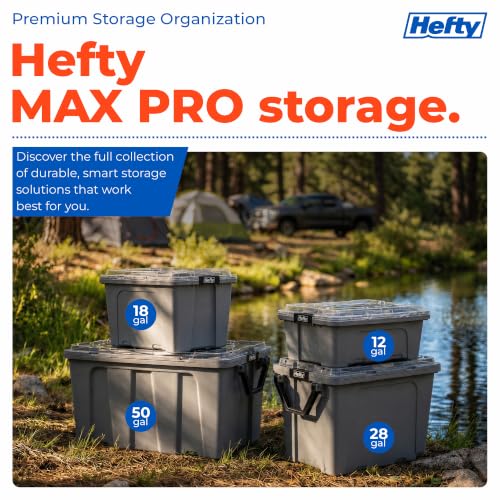 Image of Hefty 12 Gallon Storage Bin with Clear Lid, Heavy Duty Plastic Storage Container Stackable Tote for Garage Closet Home Organization, Medium Storage Bin, 6 Pack, Grey