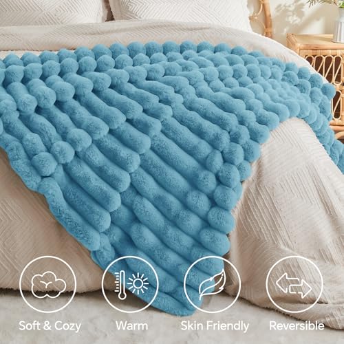 Image of BEDELITE Faux Fur Throw Blanket for Couch, 770GSM, 50 inch x 60 inch, Light Blue | Soft and Cozy Luxurious 3D Striped Fluffy Blanket, Warm Plush Fuzzy Faux Rabbit Fur for Women Gift, Stylish Room Decor