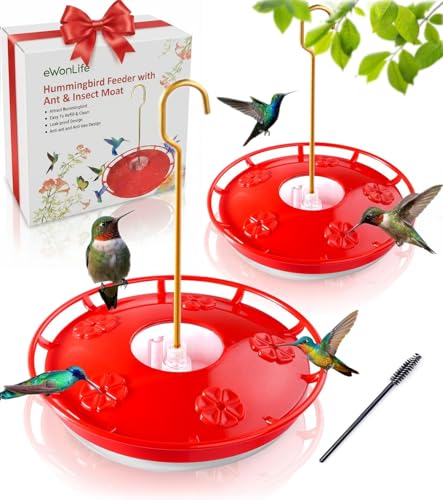 eWonLife 2 Pack Hummingbird Feeders for Outdoors, 16oz Leak-Proof Saucer Humming Bird Feeder with Integrated Ant Moat, Bee Proof 5 Feeding Ports, Brush, Easy Clean & Refill, Hanging Garden Yard Décor
