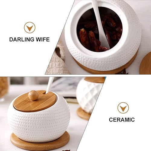 Miniatura 7 de LIFKOME Tarro de condimentos de porcelana para especias con tapas, soporte para tapas, juego de caja de condimentos de cerámica, cuchara de servir,