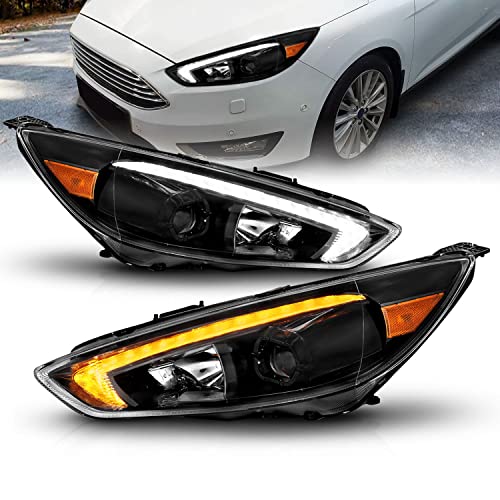 AmeriLite for 2015-2018 Ford Focus LED DRL Switchback Tube Black Square Projector Headlight Assembly Pair - Passenger and Driver Side
