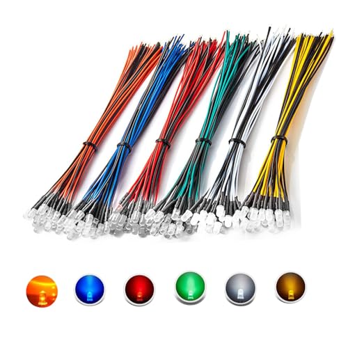 HUAZIZ 90 Piezas 12V Diodos LED, Luces 3mm Pre Cableado Transparentes, 6 Colores DC 12 Voltios LED Diodo Redondo Lámpara Precableado Blanco, Rojo,Amarillo, Verde, Azul,Naranja