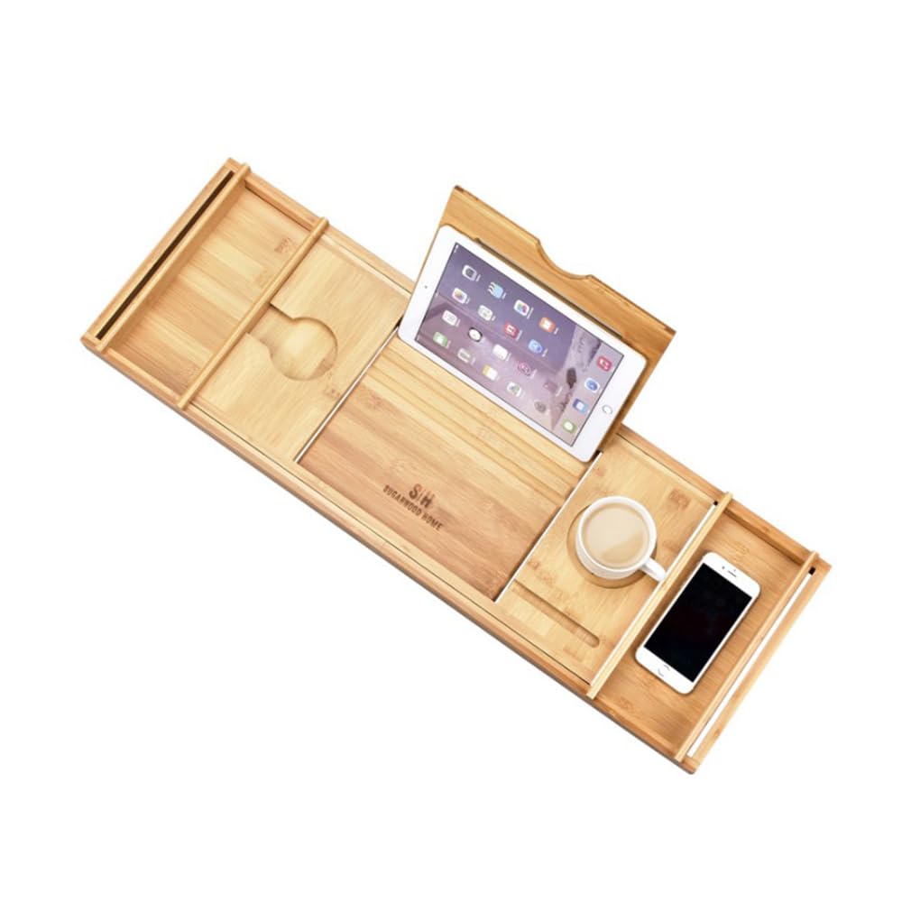 HUOLE Bandeja para bañera, diseño con candelabro, para Copas de Vino, Libros, tabletas, iPad y teléfono, con Puente Extensible y Ajustable, 100% bambú,