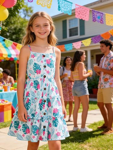 Image of Enlifety Girls Dress Hawaiian Spaghetti Straps Dresses Summer Sundress Size 6 12T