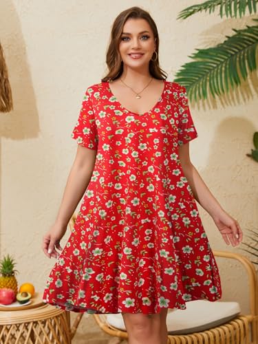 Image of ZENNILO Women's Plus Size Swing Dress with Pockets Casual Summer Dresses V Neck Short Sleeve T Shirt Dress for Women