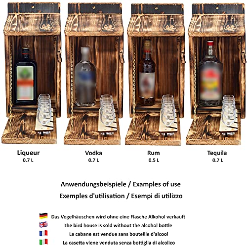 Alcohol Cage® Outdoor|Indoor - Holz Vogelhaus mit Platz für Flasche Schnaps 0.7 Liter und Glas Lustige Geschenke Männer für den Garten Zwitscherbox mit Minibar Geburtstag Vatertagsgeschenk, Braun