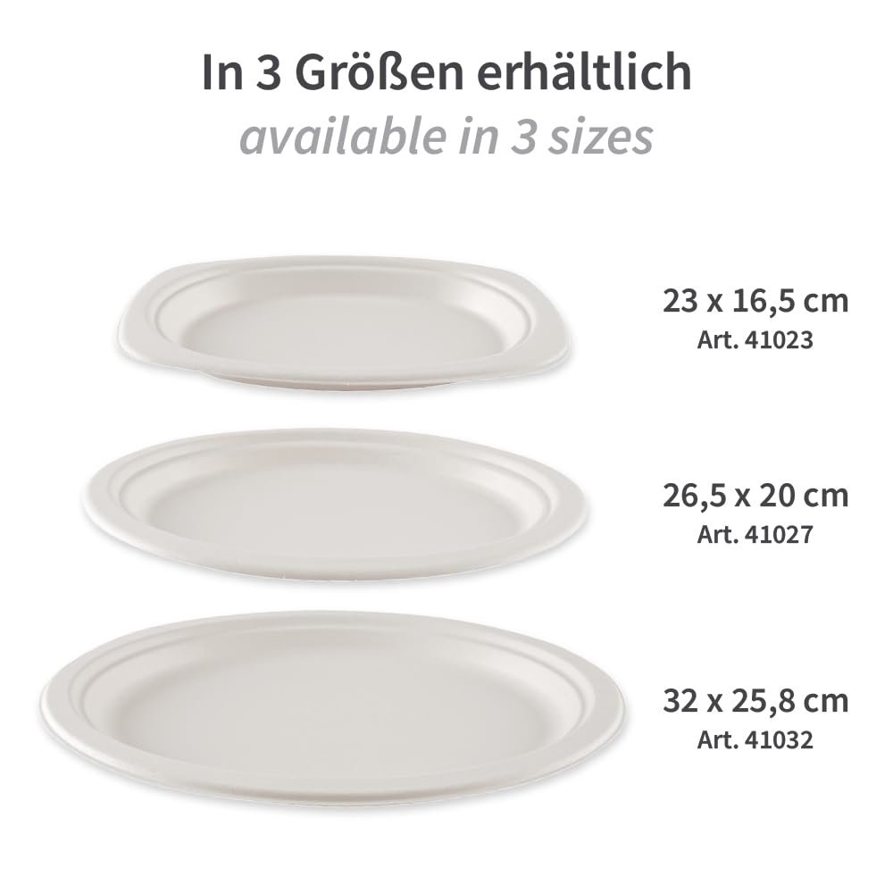 FRANZ MENSCH 500 Stück NATUREStar Teller, oval | Zuckerrohr, weiß, L: 26, 5 cm, B: 20 cm, Karton, Einwegteller, Zuckerrohrteller, Einmalteller