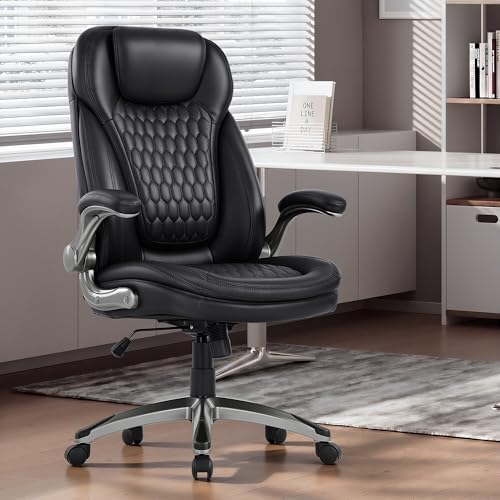 Image of COLAMY High Back Executive Office Chair - Ergonomic PU Leather Desk Chair with Flip-Up Armrests,Height, Lumbar Support, Comfortable Computer Chair for Home Office - Black