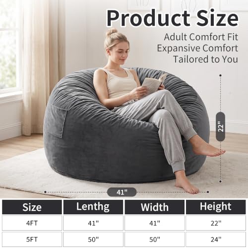 Image of Kromax Bean Bag Chair with Filling Included, Large 4FT Comfy Bean Bag Chairs for Adults, Teens, Memory Foam, Machine Washable Thick Dutch Velvet Cover, for Living Room, Den, or Bedroom, Dark Grey