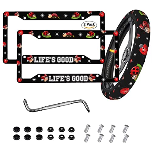 2-Pack Ladybug License Plate Frames& Ladybug Steering Wheel Cover Ladybugs Life is Good Aluminum Car Tag Cover Frames License Plate Holder Auto Accessories US Vehicles Standard