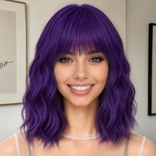Image of Nnzes Wig Bangs Natural Purple Short Wavy Hair for Women Natural Looking Heat Resistant Bob Wigs with Synthetic Wig for Daily Party Use