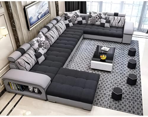 Image of Brown Maple U-Shape Sectional Sofa Set for Home | 10-Seater Fabric Sofa with Tea Table & 4 Puffy | Spacious Seating for 14 Persons | Pre-Assembled, Modern Comfort Design(Grey)