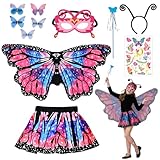 Kuvarix Disfraz Mariposa Niña, 11pcs Alas de Mariposa con Falda Corta Máscara Diadema Varita Mágica Horquillas Tatuaje, Disfraz Mariposa para Navidad Carnaval Cosplay