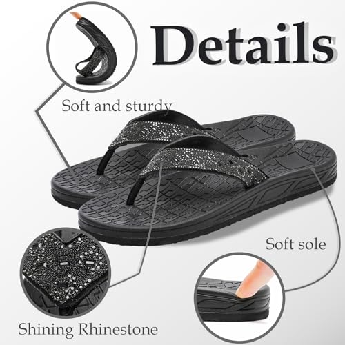 Guyarns Flip Flops Women with Arch Support,Womens Flip Flops with Rhinestone Summer Beach Soft Thick Slides Sandals(Black,6.5) - Image 2