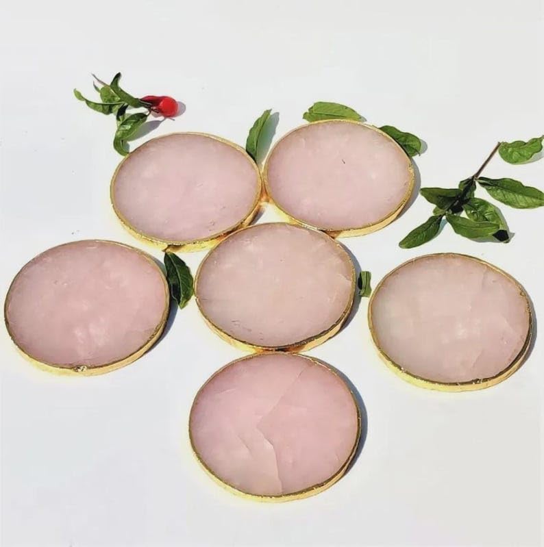 Rose Quartz Stone Coaster with Gold Plated Edges, Pink Crystal Slices for Drinks, Round Quartz Agate Gemstone Tableware for Home and Office. (Pack of 1)-image-27