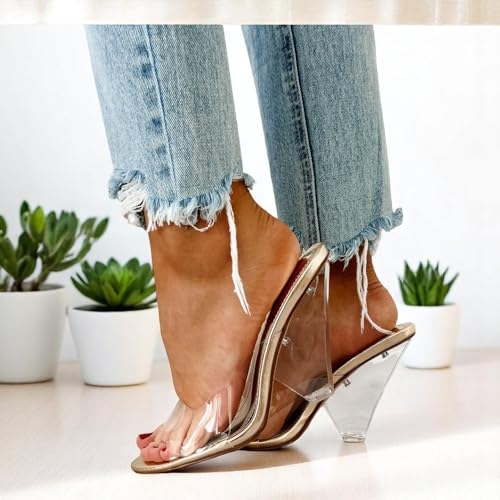 Liliana Women's Clear Chunky Heel Wedge Sandals Open Toe Slip On Slide Heel Dress Shoes2