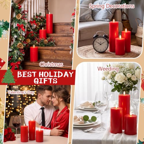 Image of 3 Pcs 6 /8 /12 Inches Thanksgiving Flameless LED Candles with Remote and 2 /4 /8h Timer Red Battery Operated Wax Flickering Candles for Christmas, Anniversaries, Holiday Parties Bedroom Decor
