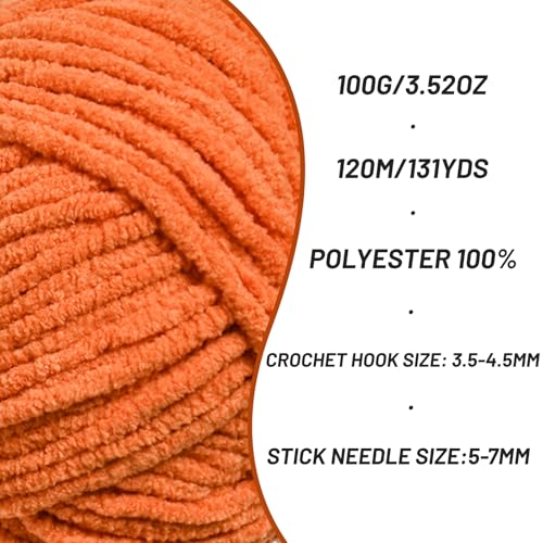 Image of 3 Packs Plush Chenille Chunky Crochet Yarn - Baby Yarn for Crocheting Soft - Velvet Yarns Knitting for Blankets Crafts - Fluffy Amigurumi Yarns 300g / 393yd (3 Orange)