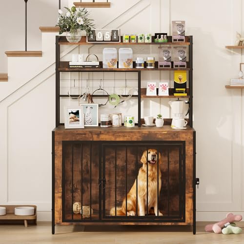 Halitaa 38.6' Dog Crate Furniture with Storage Shelves, Double Doors, Heavy Duty Dog Kennel Furniture for Large/Medium/Small Dogs, Wooden Dog Cage Pet House with Hooks, Rustic Brown