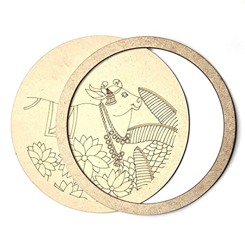 Image of Adikala Pichwai Cow & leaf Motifs MDF Engraved Design Wall Plate Base with Frame Cutout for DIY Craft