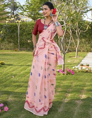 Image of SIRIL Women's Cotton Linen Mekhela Chador Printed Saree with Unstitched Blouse Piece